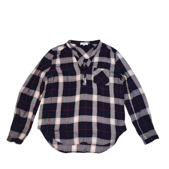 NSR Shirt Women Medium Blue Plaid Henley Relaxed Roll Tab Sleeve Cabincore Top - Picture 1 of 11
